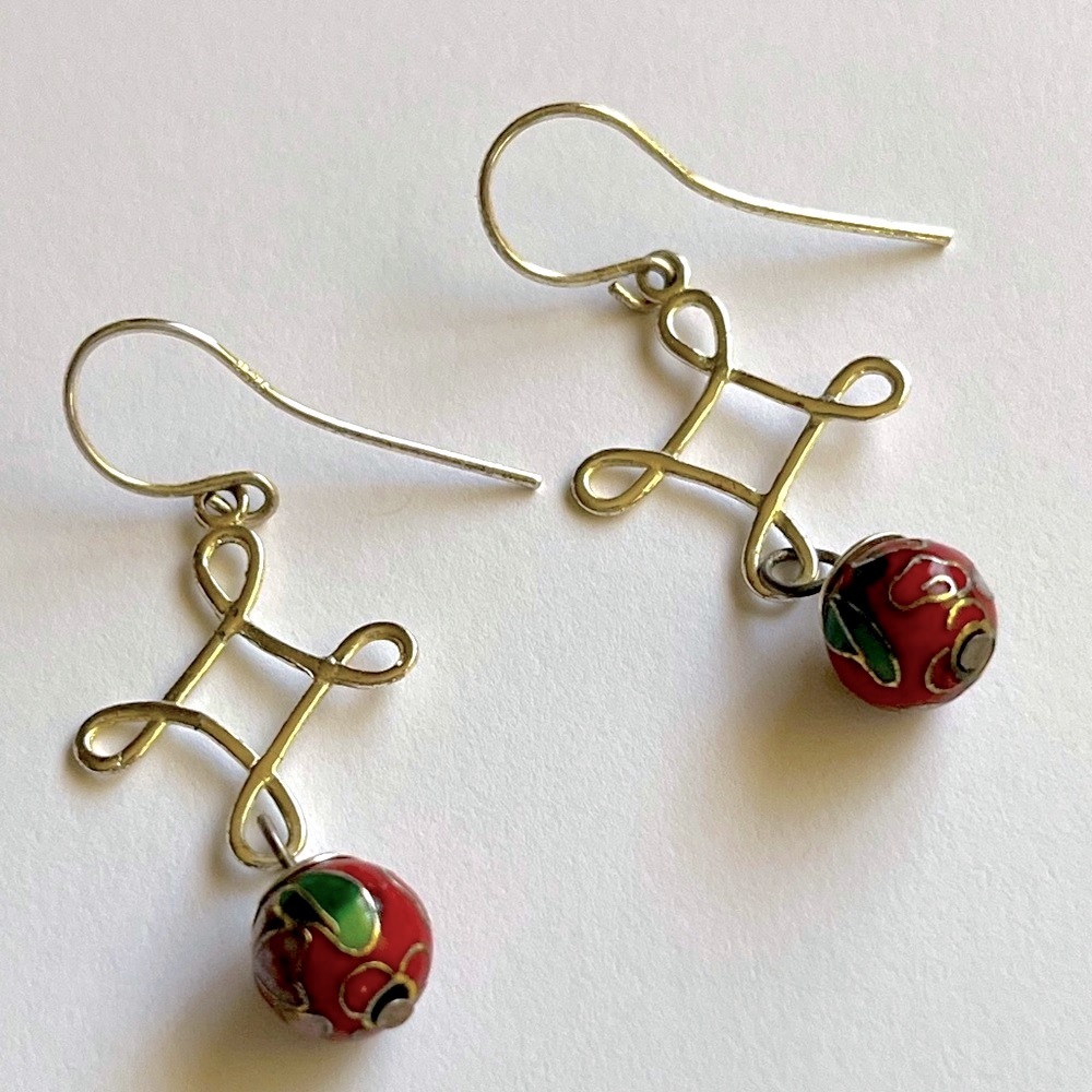 Sterling Silver Red Cloisonné 925 ~ Cloisonné Drop Earrings